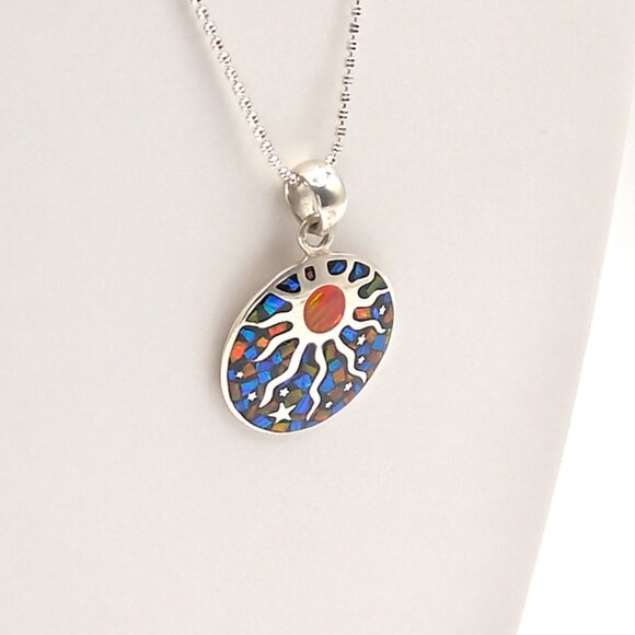 Sun & Star Lab Fire Opal Pendant Necklace For Ladies Wear, 925 Sterling Silver - Picture 5 of 10